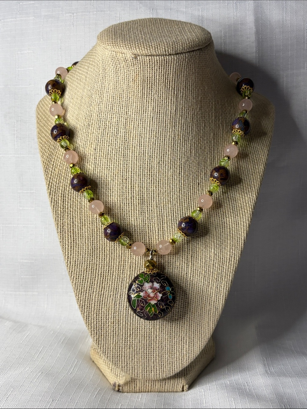 Floral Cloisonné Pendant Necklace w/Rose Quartz, and Glass